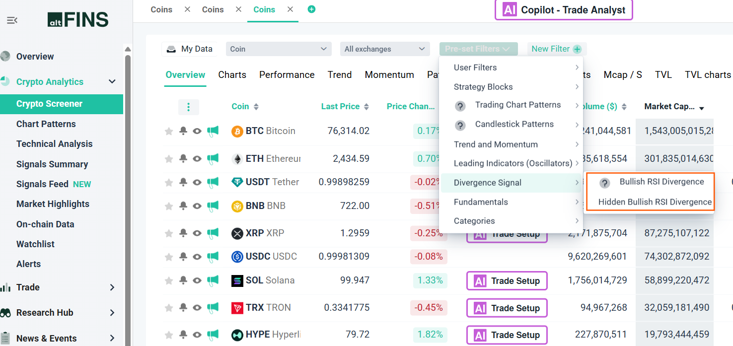 altFINS screener RSI Divergence and RSI HIdden Divergence