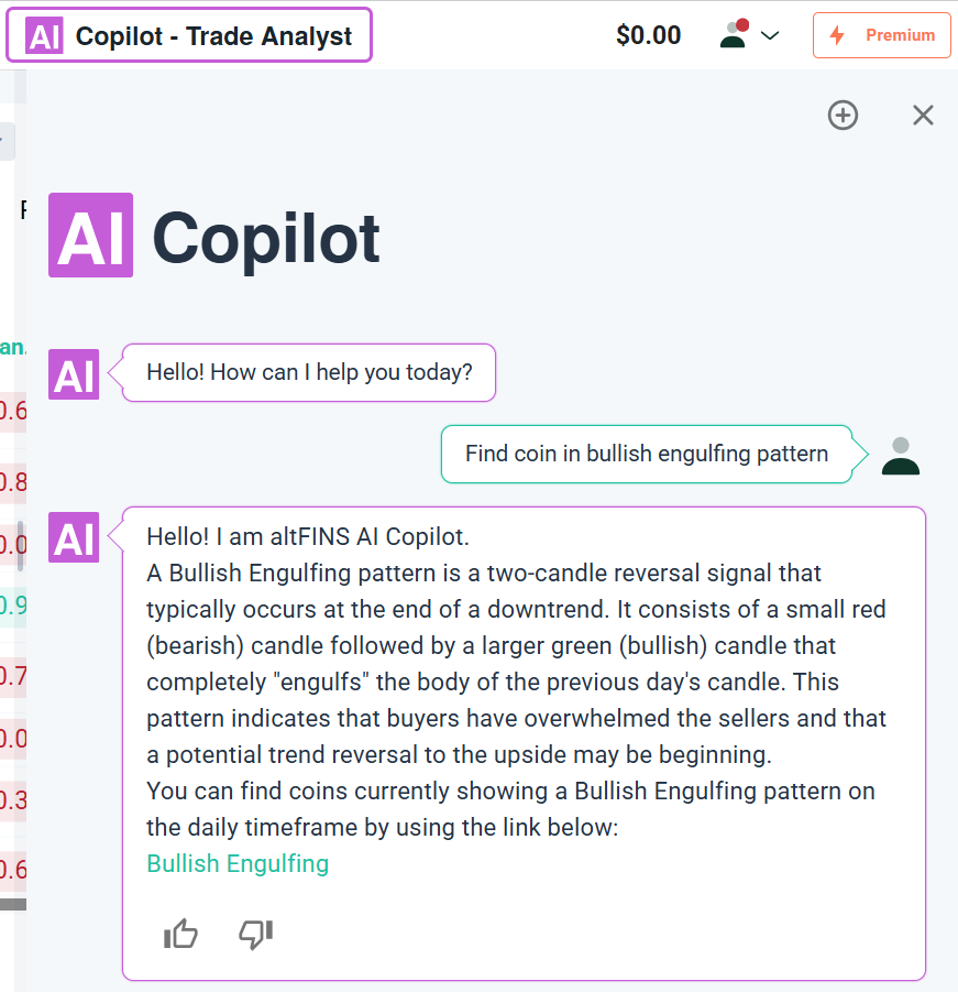 Bullish and Bearish engulfing candlestick pattern on altFINS AI Copilot